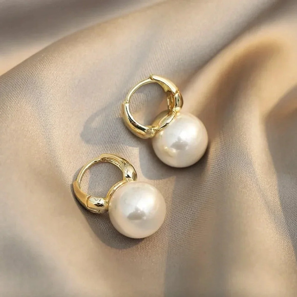 Gold Large Pearl Huggie Hoop Earrings Chunky Gold Statement Earrings - Picture 3 of 5